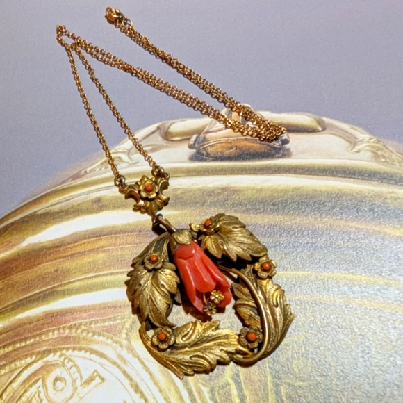 Art Nouveau Era Carved Coral Lavaliere Necklace ~ Antique - Picture 7 of 7